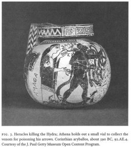 Herackles killing the Hydra; Athena holds out a small vial to collect the venom for poisoning his arrows. Corinthian aryballos, about 590 BC, 92.AE.4. Courtesy of the J. Paul Getty Museum Open Content Program.