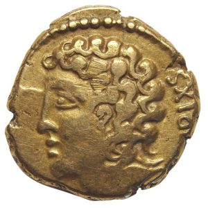 Obverse of a gold coin with portrait head in profile.